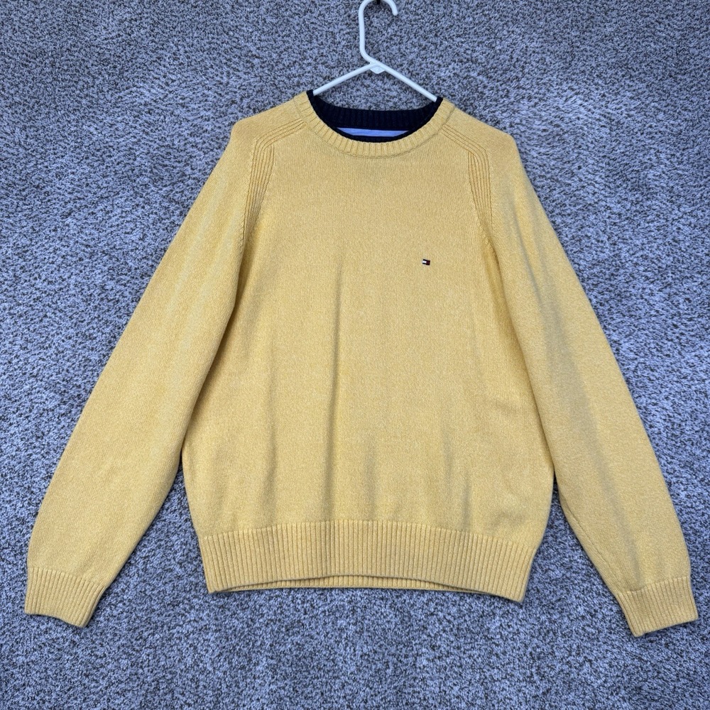 VTG Tommy Hilfiger Sweater Men's Size Large Yellow Knit Pullover Crewneck Cotton